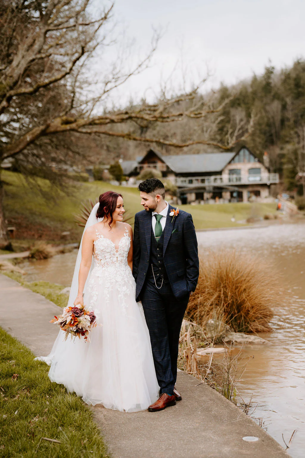 Canada Lodge and Lake Wedding Photographer & Videographer | Creigiau, Cardiff Danielle and Harry romantic wedding portrait beside the lake at Canada Lodge in Creigiau