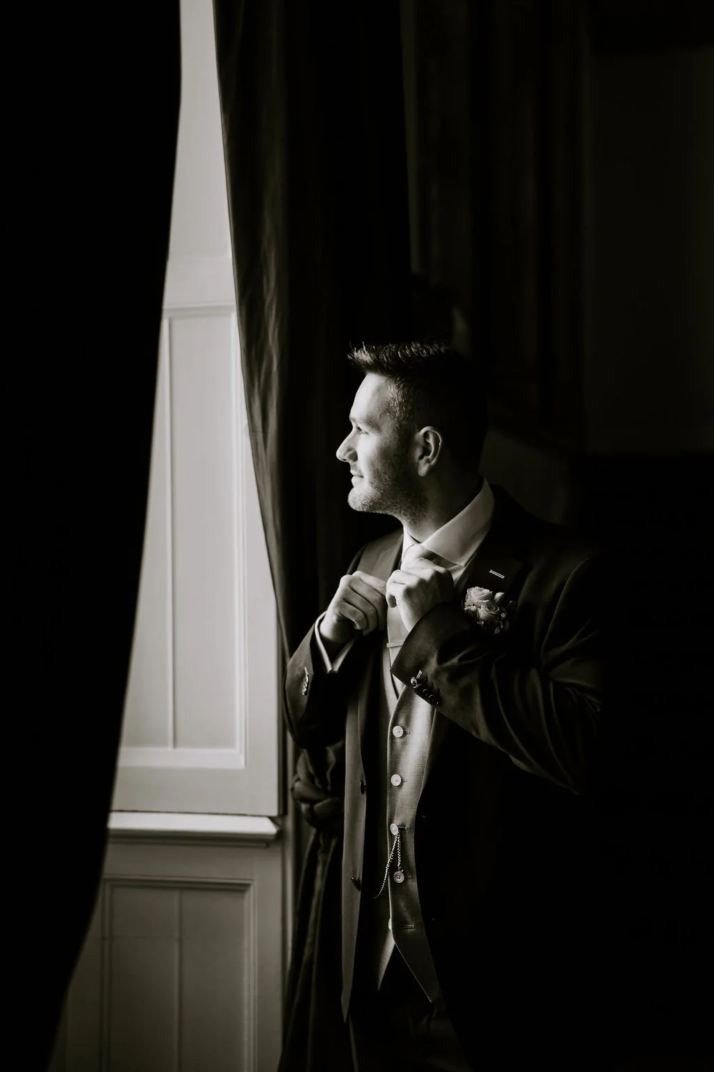 Walton Hall Wedding Videographer & Photographer | Warwick Kate & Josh romantic couple portrait outside the historic estate at Walton Hall in Wellesbourne