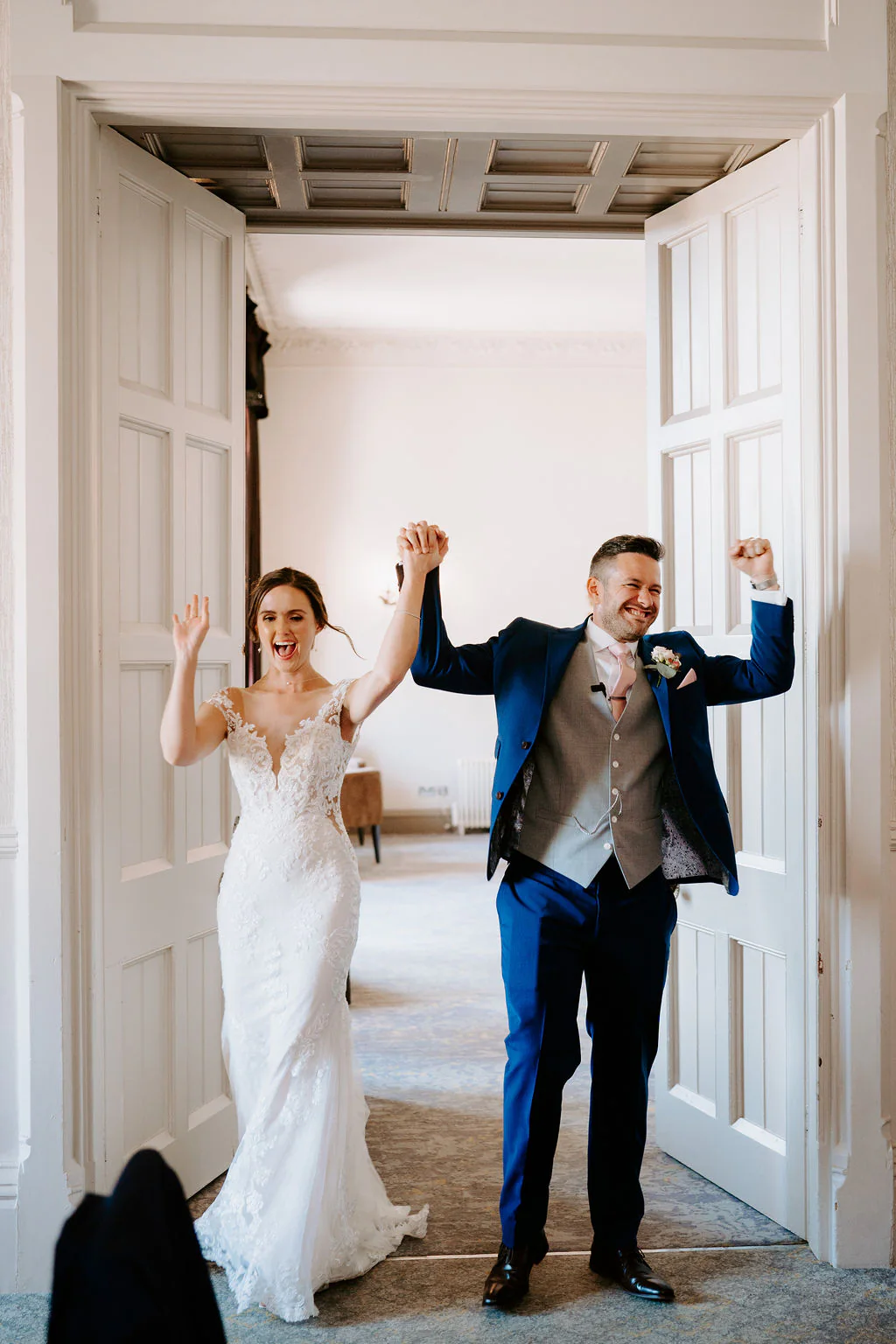 Walton Hall Wedding Confetti Walk | Warwick Kate & Josh confetti walk along the grand terrace at Walton Hall in Wellesbourne
